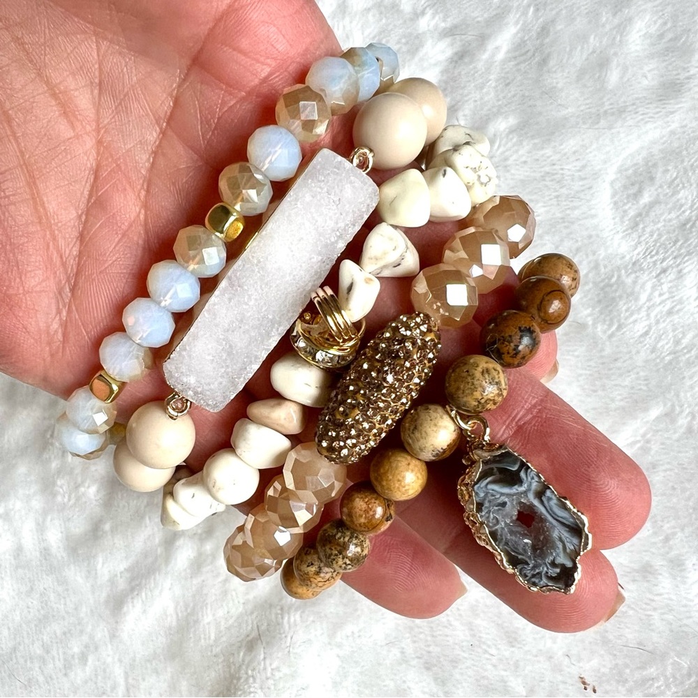 5 Bracelet Stack! Brecciated Jasper Druzy Solar Agate Mala Bead Set - Picture 2 of 6